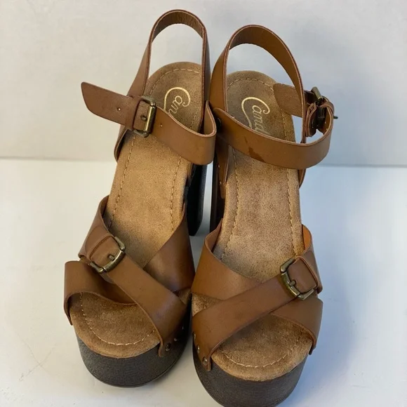 Candie's Brown Platform Shoes with Criss-Cross Straps Vintage - Picture 6 of 15